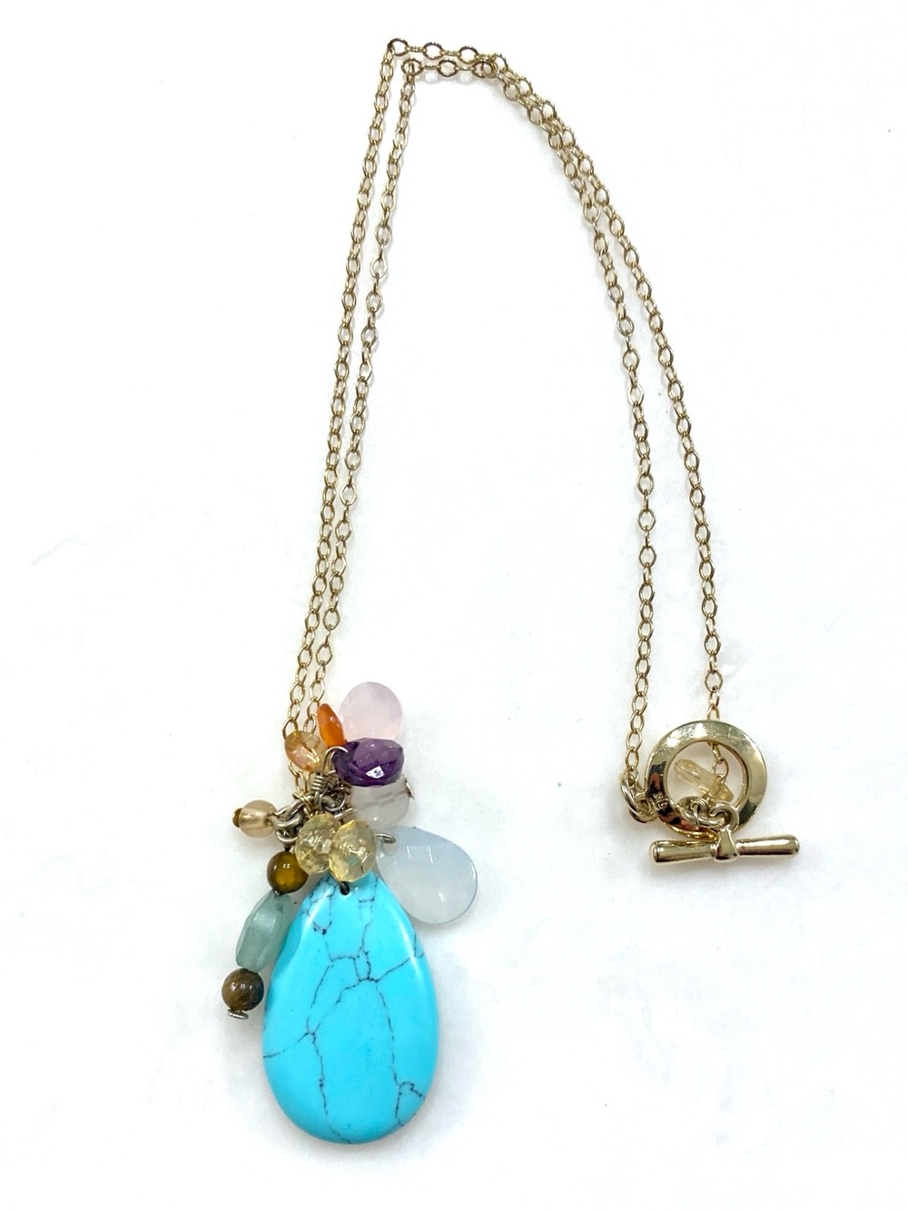 Gold Chain Necklace with Turquoise Teardrop and Multi-Gem Charm
